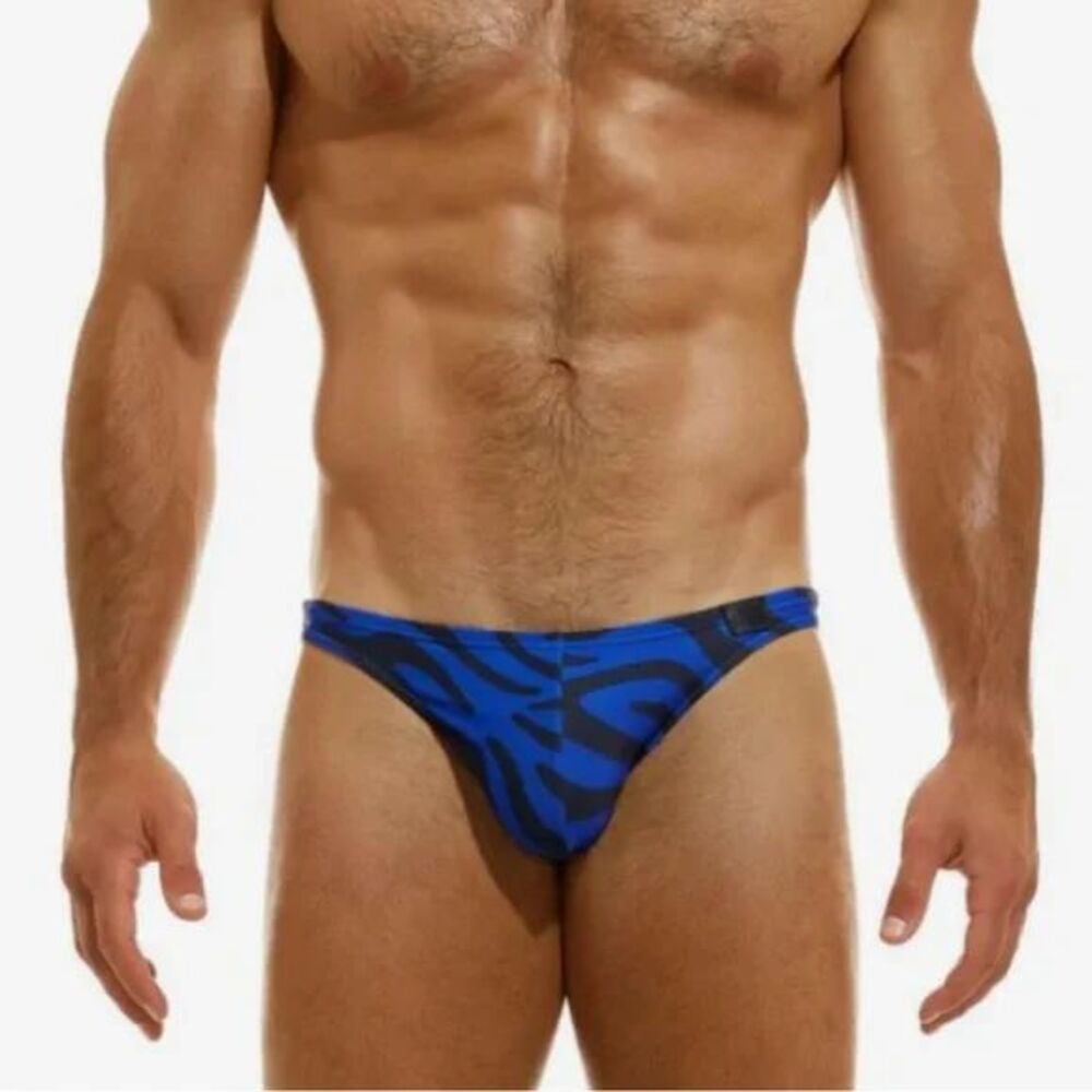 Mens Modus Vivendi Tiger Print Low Cut Swim Brief in Blue - Small, NWT